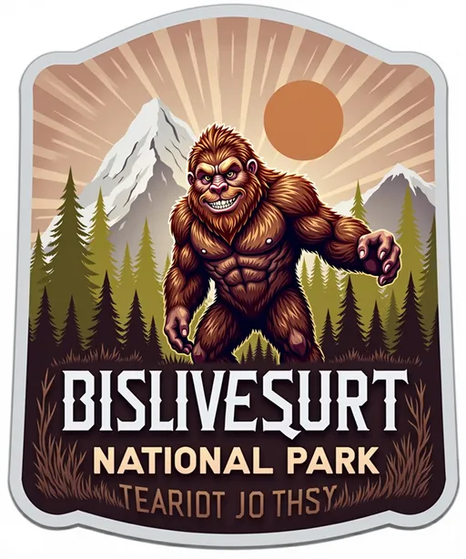 Prompt:  @qyjxIprOL85Xpx0fE64g appears in a National Park style badge with the words BOMBSQUATCH towards the bottom of it, using National Park fonts such as frutiger, catlin sans or John Muir sans.