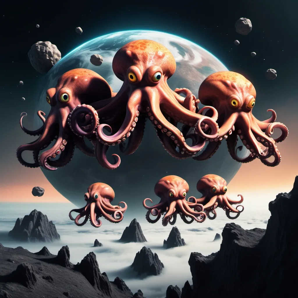 Prompt: five large evil octopuses riding on top of a large asteroid in earth's atmosphere 