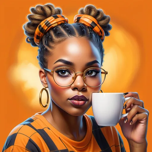 Prompt: Create a realistic airbrushed illustration of an African American woman with a large messy bun, oversized gold eyeglasses, and grey almond-shaped eyes. She is adorned with gold hoop earrings and sipping from a black and orange checkered coffee mug and matching t-shirt. The background is vibrant and colorful, a color that complements the image, in a heavily HDR style at 300 dpi (please let me know if you receive it)