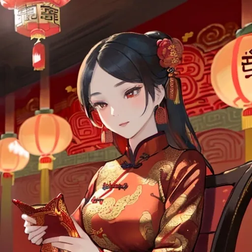 Prompt: (female wearing a traditional Chinese new year dress), beautiful festive attire, intricate red and gold patterns, flowing fabric, vibrant and celebratory colors, semi-formal setting, warm lighting creating an inviting atmosphere, elegant pose, rich cultural elements in the background, high detail, (4K), delicate accessories, festive atmosphere.