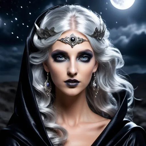 Prompt: Nyx Greek Goddess of the Night with a dark shimmering cloak, silver hair and silver eyes