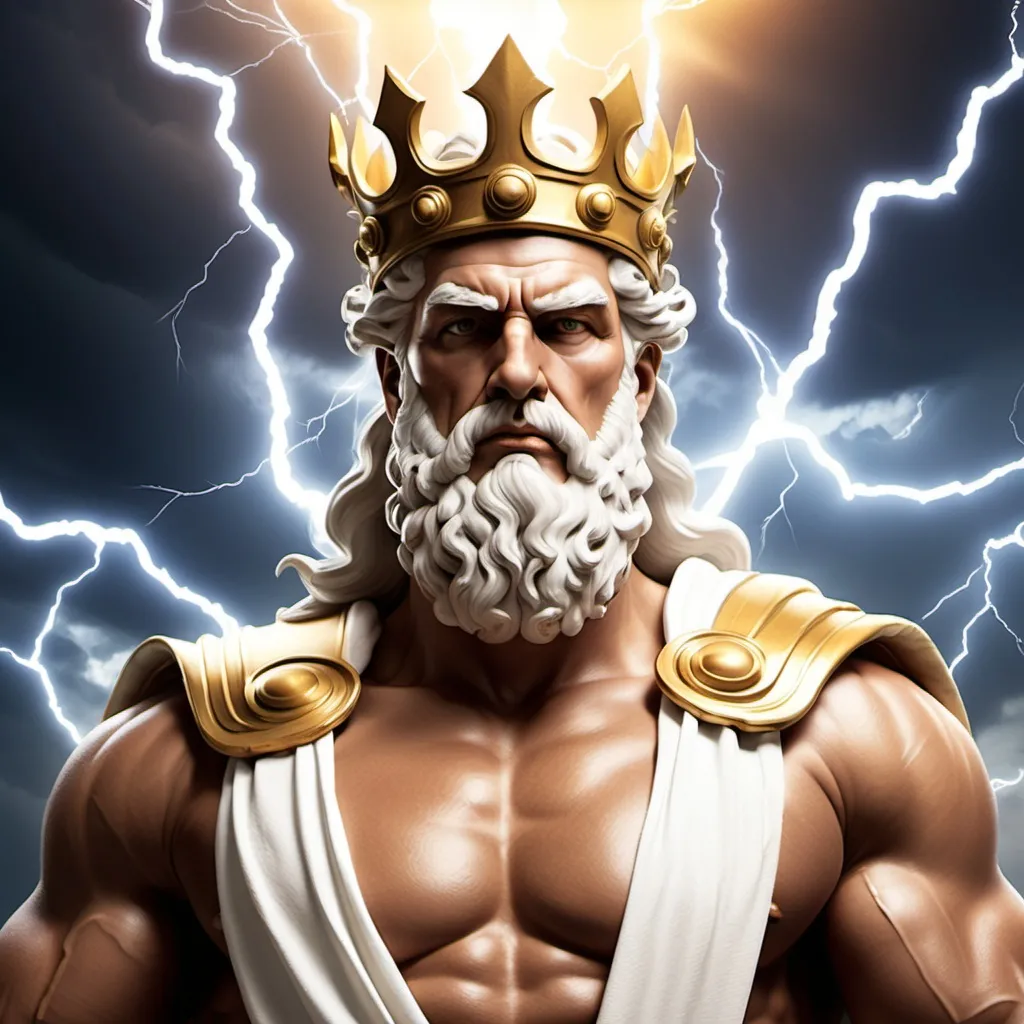 Prompt: Zeus King of the Gods, muscular with white beard, wearing a crown, white and gold toga with a lightning bolt
