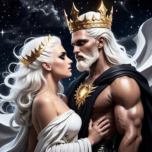 Prompt: Nyx goddess of the night with a black shimmering cloak (no crown) with silver hair and silver eyes and Zeus king of the gods muscular with a a white beard and gold eyes wearing a crown and white and gold toga with lightning bolt and the night sky with stars in the background having a conversation facing each other
