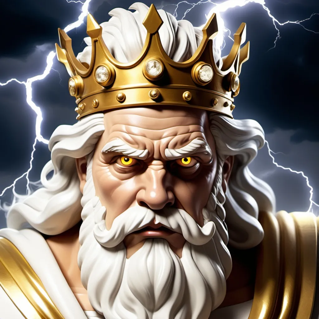 Prompt: Zeus king of the Gods, with white beard, gold eyes. wearing a crown, a white and gold toga with a lightning bolt clip and lightning bolts in the background. Looking nervously and scared