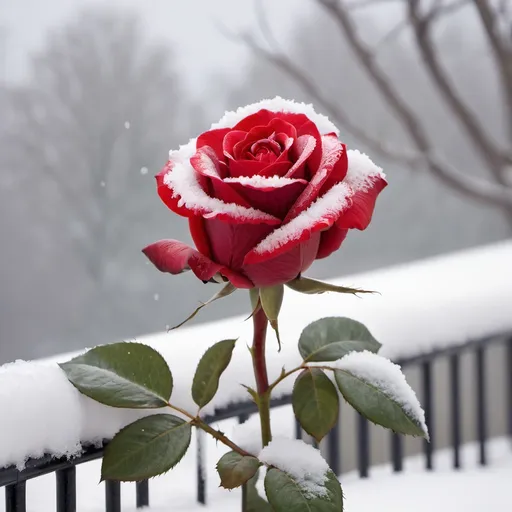 Prompt: A red rose on  a snowy day