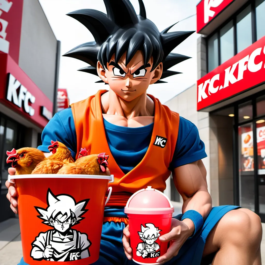 Prompt: goku in his KFC merch and his chicken bucket with a side of kool-aid