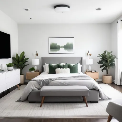 Prompt: A modern master bedroom with white walls, a king sized grey bed with lots of pillows, a grey rug, a white boucle chair, one green plant and a big tv
