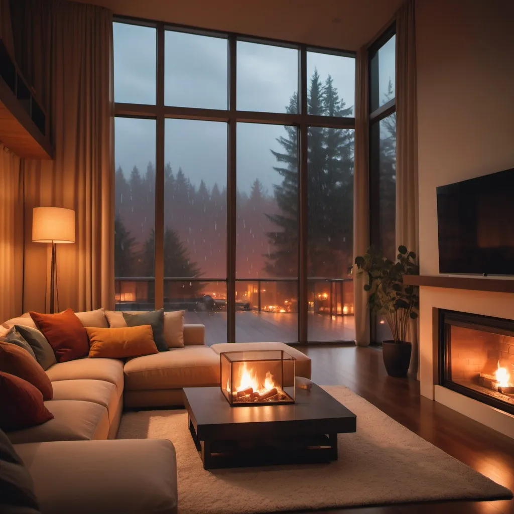 Prompt: a cozy evening in a large floor to ceiling living room while it is raining gently outside. a warm fireplace is in the corner and the colors are all warm tones.  