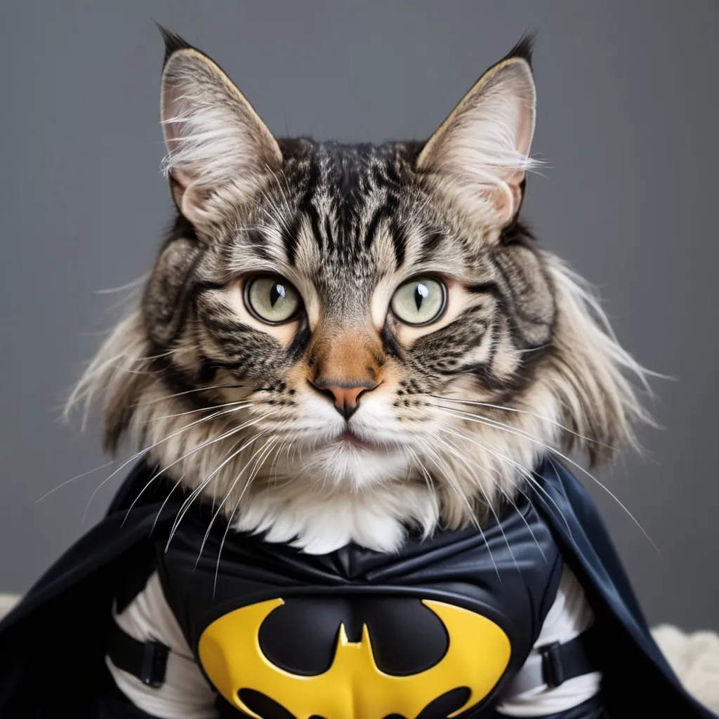 Prompt: Long haired Tabby dressed as batman