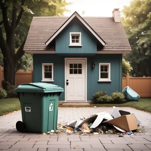 Prompt: a flying trash can over a cute cottage with garbage on the floor
