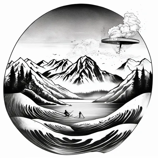 Prompt: A tattoo style black and white picture. With mountains with snow on the background and a very very little person who is skiing on top of the mountain in the background. In the front a frozen lake with on the left a small second person who is playing ice hockey. This person shouldnt be bigger than 10% of the image. Out of this lake comes a big water wave. Above the mountains is a white steam cloud coming out of a steel pipe.