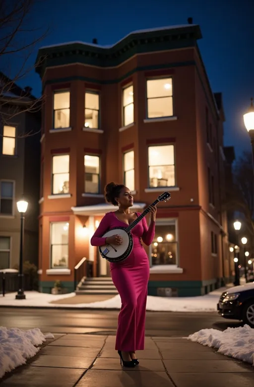 Prompt: figure and face  up by a street light in the foreground a beautiful 45 year old African American woman is seen wearing in a tight pink latex house dress playing a banjo. A three-story brick building in Vancouver at night, viewed from across the road, directly facing the facade. The building has large windows, some of which emit a warm interior glow. Snow covers the sidewalks and lightly falls from the sky, adding to the winter atmosphere. Soft streetlights illuminate the scene, casting reflections on the wet pavement. The urban setting is quiet, with a peaceful winter ambiance. The composition is balanced, with the building as the central focus, framed by subtle architectural details and surrounding street elements.