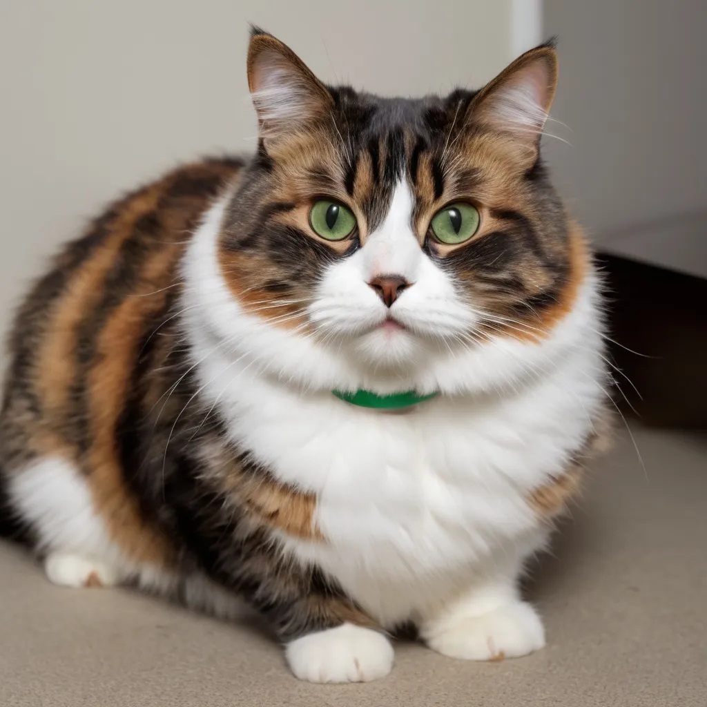 Prompt: a tortoiseshell chubby female cat, featuring a white fluffly V-shape fur on her chest, with big round green curious eyes, long thick white whiskers, and white paws looking like gloves.