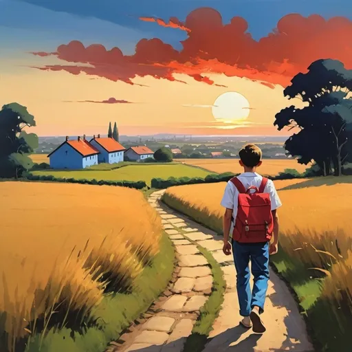 Prompt: A city in distance at evening time with a sunset in the background. There are faint lights in blue building in the background while there is nature and swaying grass with a path cut into it in the foreground. A boy with a red bagpack and in white shirt and blue pants with his back to us is viewing the scenery, standing in the path. Saturated, acrylic or gouache style , with flat, broad brusstrokes.
