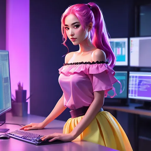 Prompt: A young woman with long pink hair pulled back into a pony tail wearing a beautiful pink skirt with off the shoulder ruffled blouse standing by a desk where computer screen is glowing purple and yellow