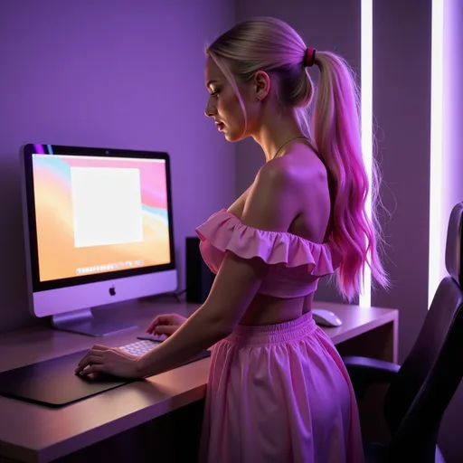 Prompt: A young woman with long pink hair pulled back into a pony tail wearing a beautiful pink skirt with off the shoulder ruffled blouse standing by a desk where computer screen is glowing purple and yellow