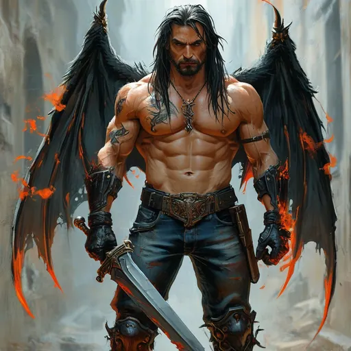 Prompt: muscular guy, ripped jeans, biker boots, long blonde hair, has bat wings, holding sword with black fire, has a tattoo on his chest 