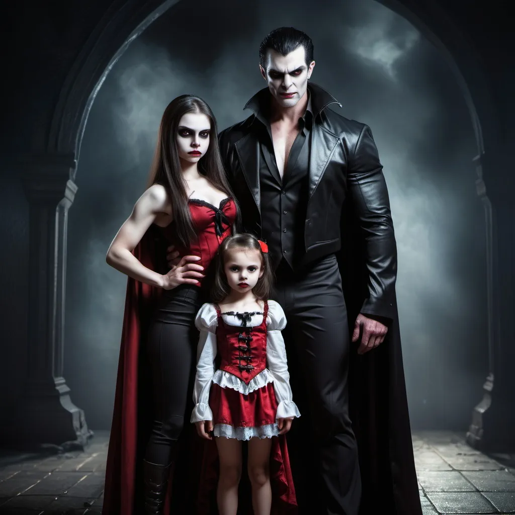 Prompt: muscular male vampire, woman vampire, standing with little girl vampire,