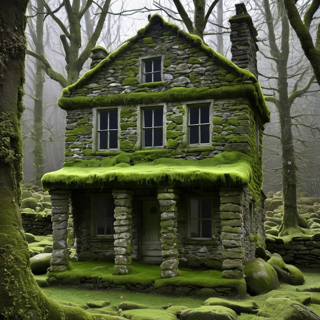 Prompt: old stone house, moss growing, spooky looking, 