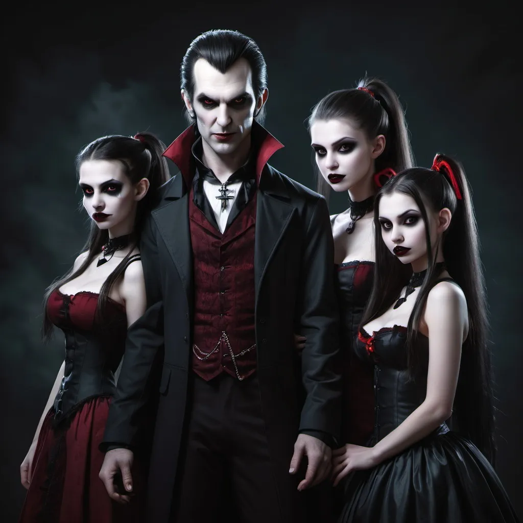 Prompt: man vampire, woman vampire with pony tail, standing with two girl vampires
