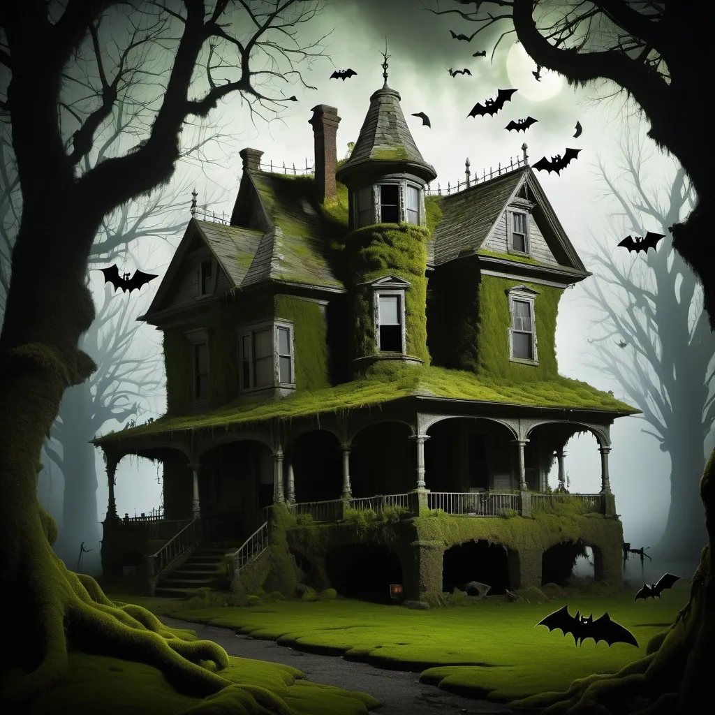 Prompt: old two-story house, moss growing, spooky looking, shadows lurking around the house, bats flying,
