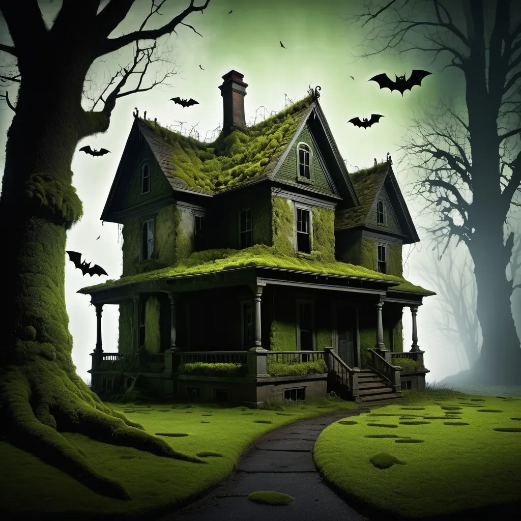 Prompt: old two-story house, moss growing, spooky looking, shadows lurking around the house, bats flying,