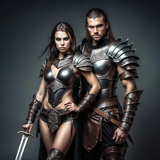 Prompt: Fantasy warrior woman, leather armor, holding sword,  standing with a fantasy looking man