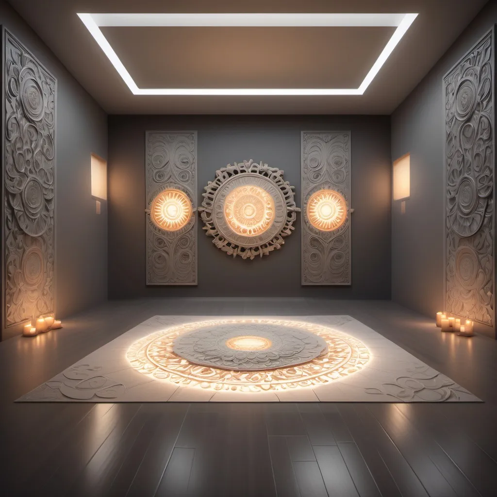 Prompt: Design an artistic studio background featuring warm, ambient lighting. Use tall, intricate sculptural elements with a glowing effect on both sides of a central space. Brighten the middle section slightly to create a well-lit area where a subject can stand out. Replace the reflective wooden floor with a non-reflective, softly patterned dark gray floor that appears slightly dirty but blends well with the overall theme. Ensure the lighting and tones complement the rich, dark skin tones of an African subject, making them pop against the background.