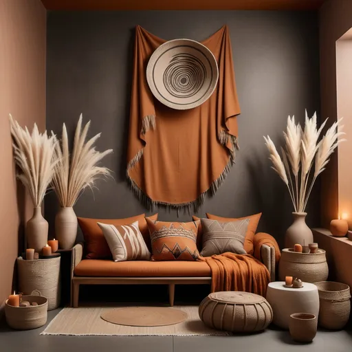 Prompt: An African-inspired studio setup featuring a warm, earthy aesthetic. The backdrop is a textured matte wall in moody gray theme with visible plaster patterns and lighter in the middle. The setup includes a cozy orange couch with patterned throw pillows and draped blankets, placed slightly off-center. Decorative elements include woven baskets, dried pampas grass in vases, and a warm-lit floor lamp placed on either side of the scene, creating a balanced composition. The floor is textured dark dirty gray , left open to accommodate a standing subject in the center. The lighting is soft and warm, creating a cozy and inviting atmosphere while leaving the middle space free for isolated studio photography.