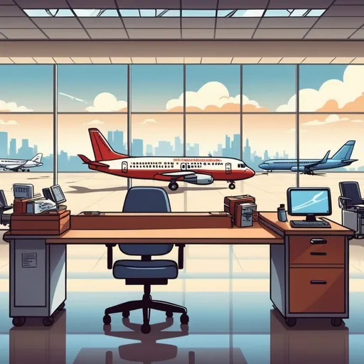 Prompt: Create a clip art style backdrop of an airport. I want a large check in desk with an airport window behind and a flying plane in the sky. I want the desk to have a baggage drop conveyor belt next to if