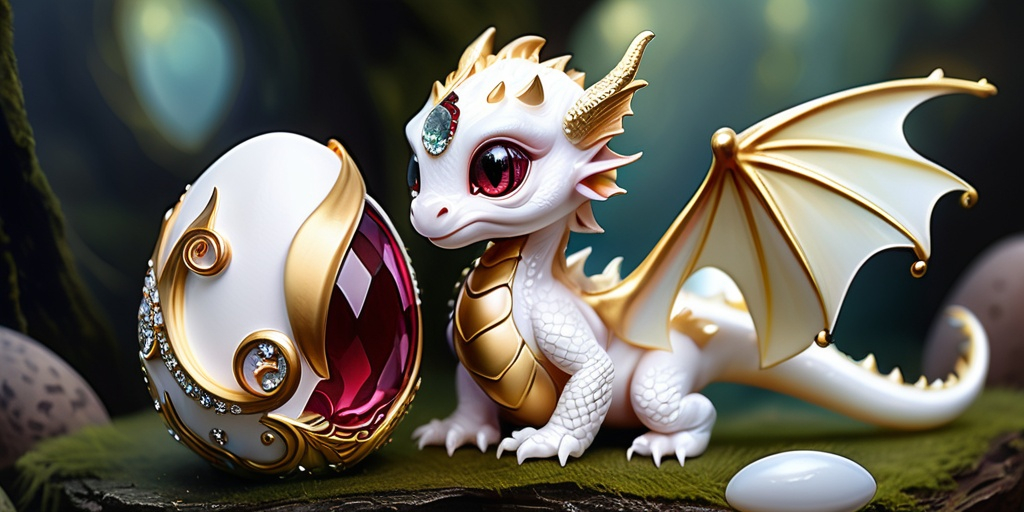 Prompt: a picture of mythical creatures a little baby dragon fairy next to large egg with rhinestones. The colors are white and gold with birth stone garnet.