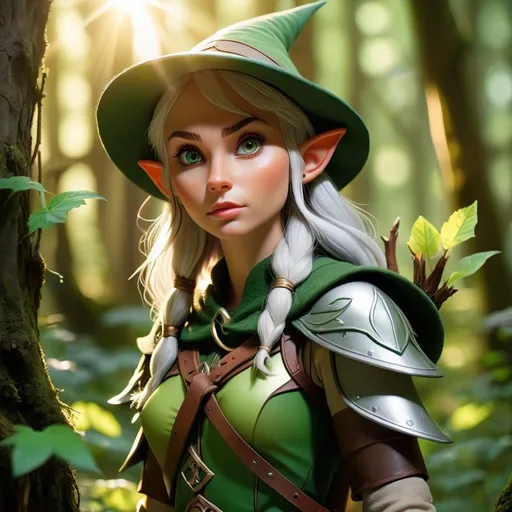 Prompt: Elf ranger in a mystical forest around sunlight