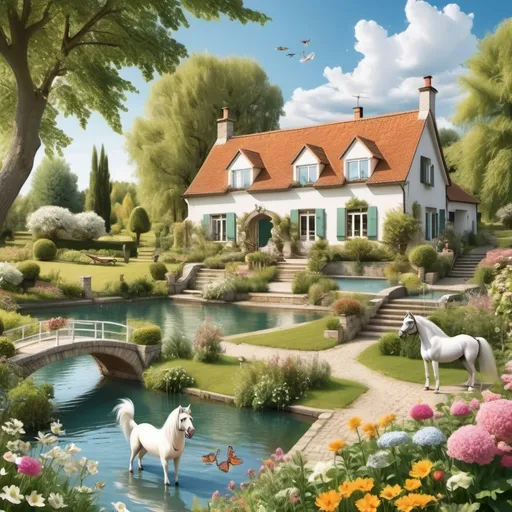 Prompt: My dream house is in the countryside next to a lake. There is a bridge and a small boat on the lake. There is a big, beautiful garden with lots of trees and flowers. There is a swimming pool and there are some sunbeds and tables next to the pool. 
There are two small dogs and a cat in the garden and there is a beautiful white horse. 