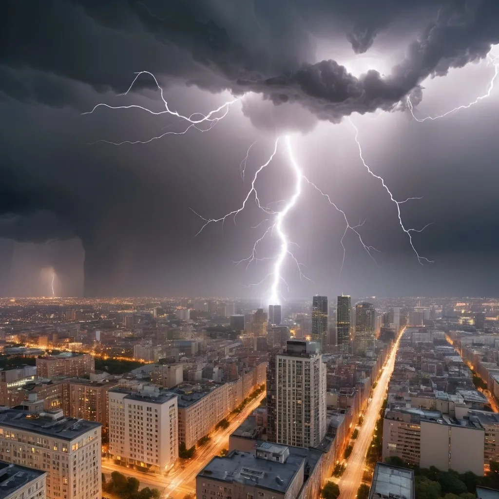 Prompt: grey strom cloud with lightning, above big city with high building 