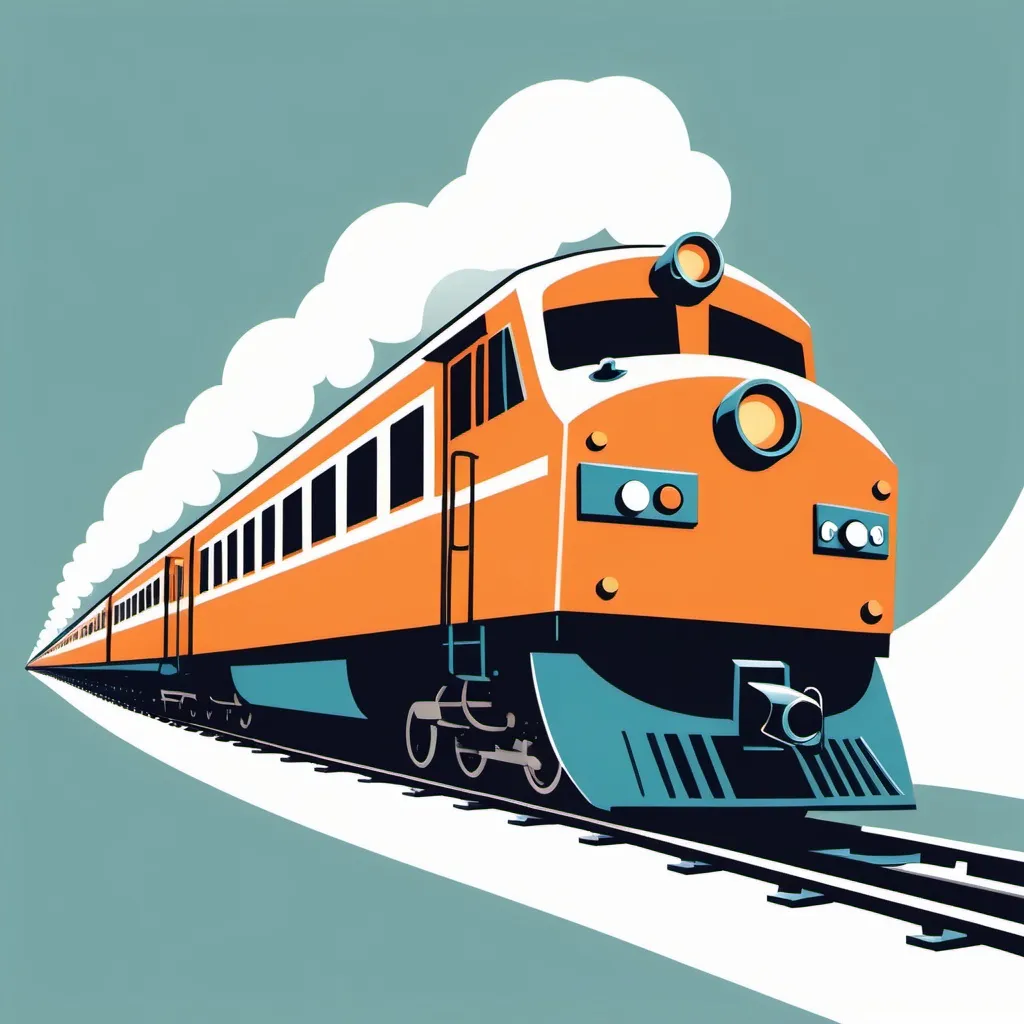 Prompt: Create a vector illustration of a moving clasic train for a physics lesson. The illustration should be clean and simple, focusing on the key physics concepts involved. Use a color palette that is visually appealing and easy to read. The illustration should be suitable for use in educational materials, such as textbooks, websites, and presentations. use white background behind train

