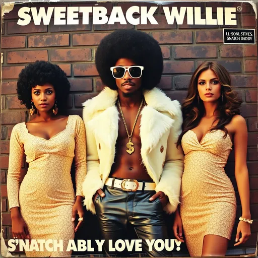 Prompt: A worn looking 1970s funk album cover, a lean and serious looking black man 1970s funk singer, white fur coat, big afro, big white sunglasses, a gold chain with a gold dollar sign pendant, leather pants, standing in front of a worn alley brick wall, a tall woman in a glittery dress on each side of him, both with a bruised black eye, artist name is SWEETBACK WILLIE, album title is SNATCH DADDY