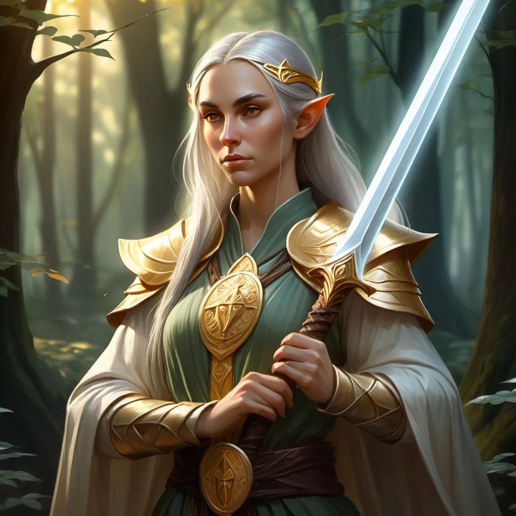 Prompt: A female half-elf cleric sage, adorned with a flowing robe featuring a striking golden religious emblem. Her focused expression reflects wisdom and strength, while she confidently wields a magnificent giant great sword, symbolizing readiness for battle. The background is an ethereal forest, illuminated by soft, warm light filtering through the leaves, creating a serene and mystical ambiance, perfect for a guardian of both faith and valor. 


she has light brown hair and green eyes. 
Ultra-detailed, HD. full body depiction.