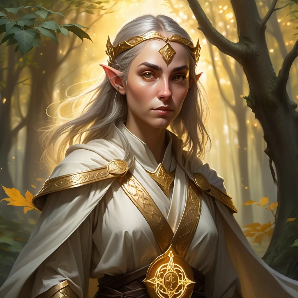 Prompt: A female half-elf cleric sage, adorned with a flowing robe featuring a striking golden religious emblem. Her focused expression reflects wisdom and strength, while she confidently wields a magnificent great sword, symbolizing readiness for battle. The background is an ethereal forest, illuminated by soft, warm light filtering through the leaves, creating a serene and mystical ambiance, perfect for a guardian of both faith and valor. Ultra-detailed, HD.