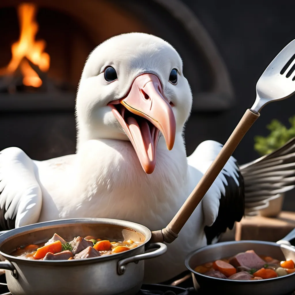 Prompt: a happy, smiling albatross bird holding a ladle with its wing while cooking a stew