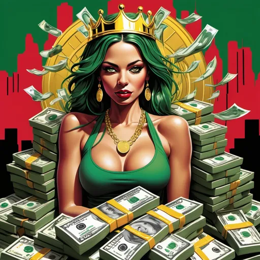 Prompt: vibrant magazine cover titled "Cash Queen", piled high with stacks of money gleaming gold and silver coins, ultra-detailed composition, high-definition design, bold and dynamic color palette of reds and greens, urban graffiti backdrop, evoking feelings of ambition, drive, and luxury, energetic atmosphere, perfect for showcasing urban culture and lifestyle.