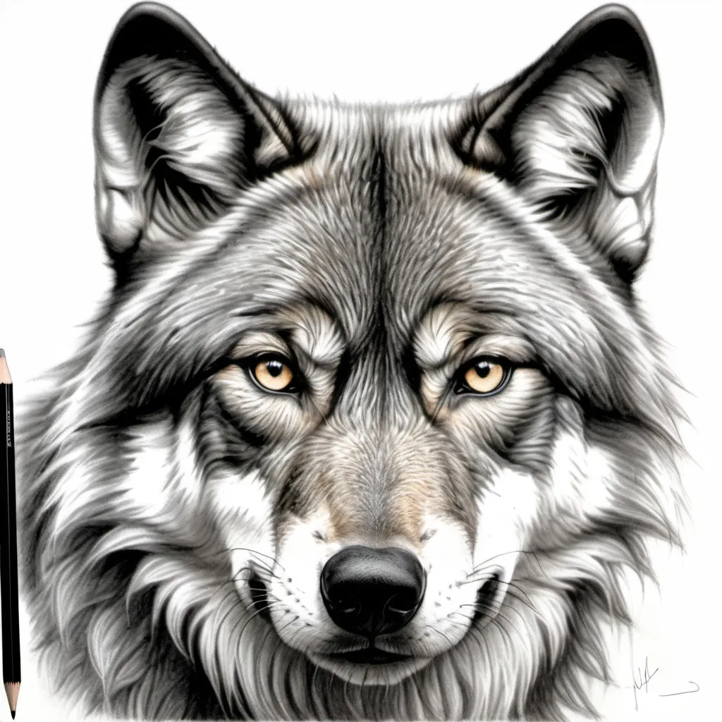 Prompt: A lifelike pencil drawing of a wolf, with attention to fur detail and intense eyes.