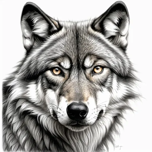 Prompt: A lifelike pencil drawing of a wolf, with attention to fur detail and intense eyes.