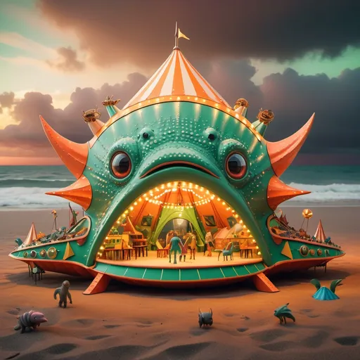 Prompt: Massive spaceship hovering over stormy beach at sunset. Spaceship is modeled after an axolotl-blowfish and has shimmering green lizard skin, and triangular windows with orange mirror finish. Miniature circus tent and carnival in the foreground. Miniature zoo animals.