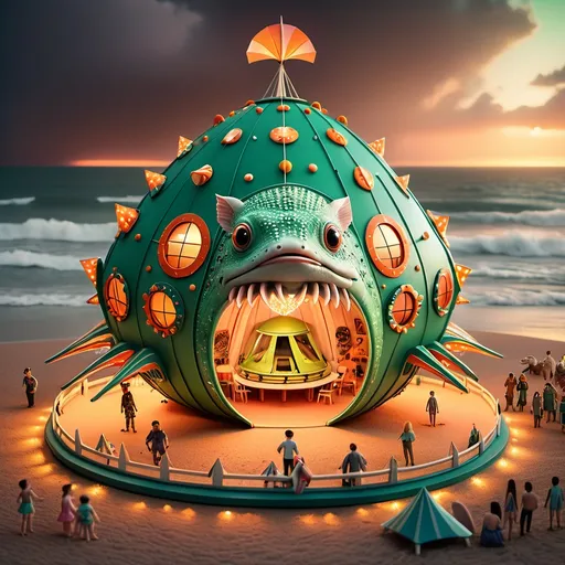 Prompt: Massive spaceship hovering over stormy beach at sunset. Spaceship is modeled after an axolotl-blowfish and has shimmering green lizard skin, and triangular windows with orange mirror finish. Miniature circus tent and carnival in the foreground. Miniature zoo animals.