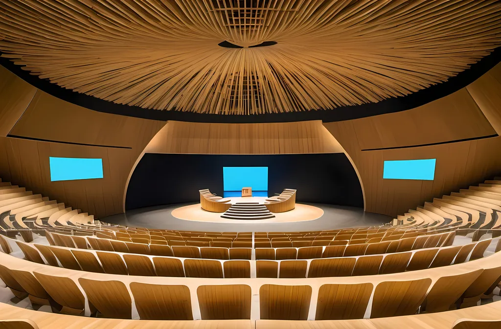 Prompt: The auditorium is made from bamboo structure; oval in structure, and the stairs are leading to the podium which are located on both the sides of the chairs/seats. Rows of seats are depicted in a arch arrangement. There is a LED screen facing the seats on a small podium.