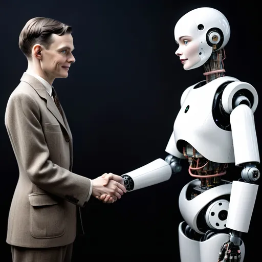 Prompt: alan turing shaking hands with a  female 
futiristic AI robot in color

