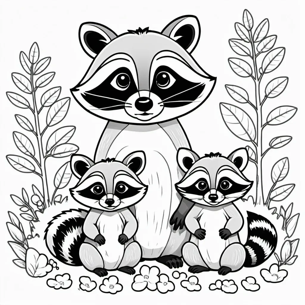 Prompt: Very cute Pacific Northwest raccoon mom and babies cartoon for children’s coloring book - outline only with no color or shading