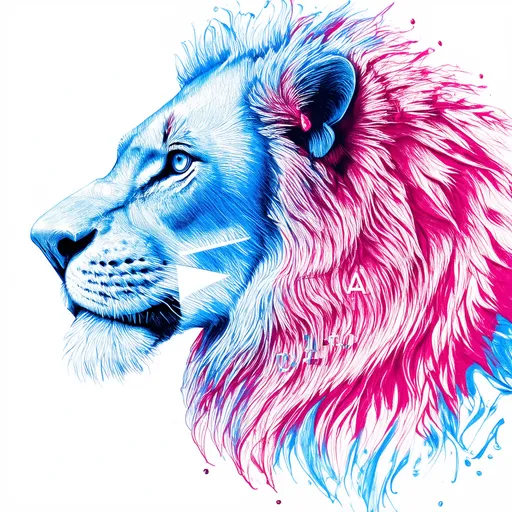 Prompt: glossy, fluid-like transparent “side profile of lions face” with the transparent letters “L A” hidden within the sketching of the Lion transparent pinks and blues, molten glass 