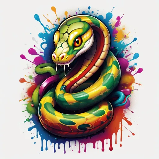 Prompt: Colorful graffiti illustration of a, imagine being bit by a snake and instead of focusing on healing the poison, you’d chase it to understand why it bit you and prove that you didn’t deserve it ;paint and splashes, vector t-shirt art, white background