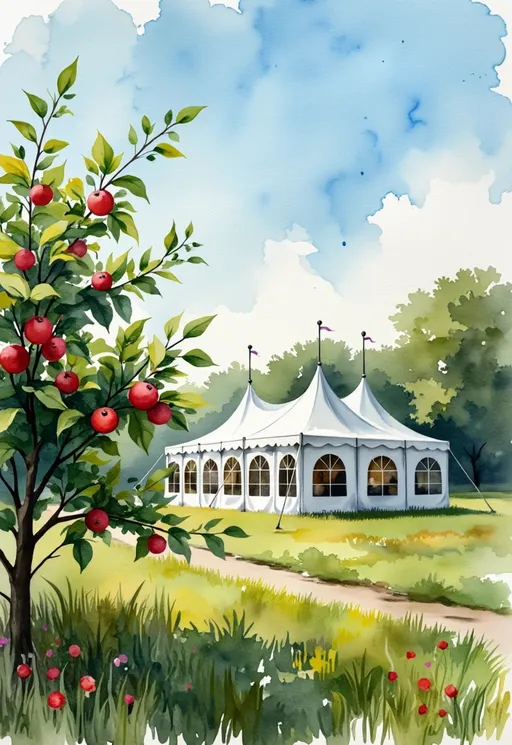 Prompt: image of a green field, put 1 white festive party tent on it with lamp slinger and an low apple tree with red apples in foreground with blue sky. the tent should me more visible


